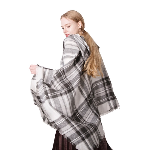 Women Hooded Checkered Poncho Cape Cashmere Like Acrylic Plaid Tassel Pullover Oversized Shawl Wrap Winter Warm Cloak