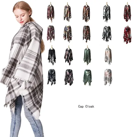 Women Hooded Checkered Poncho Cape Cashmere Like Acrylic Plaid Tassel Pullover Oversized Shawl Wrap Winter Warm Cloak