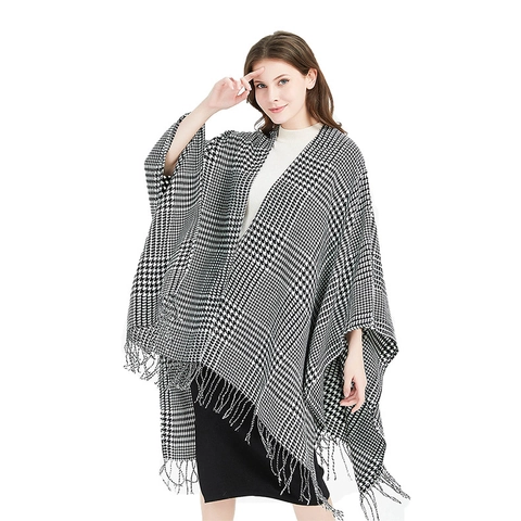 Poncho Châle Pied-De-Poule Pour Femmes Avec Glands Imitation Cachemire Écharpe D'hiver Ouverte Cape Chaude Surdimensionnée Pour Femmes