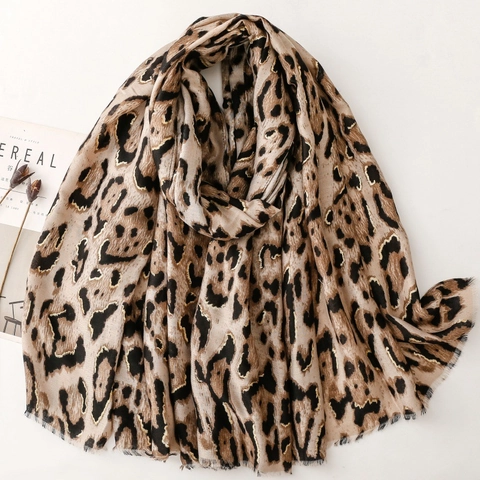 Écharpe Châle Léopard Pour Femme Élégant Satin Polyester Feuille D'Or Imprimé Animal Enveloppement Mode Long Respirant