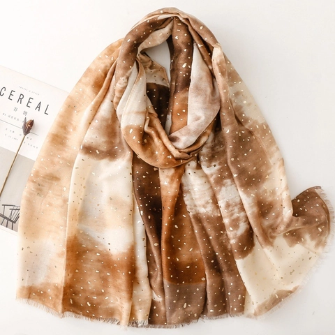 Écharpe Châle Femmes Polyester Dégradé Tie-Dye Dorure Points Feuille Léger Respirant Bordure Franges Accessoire Mode