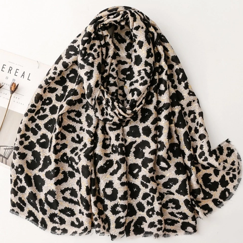 Leopard Druck Schal Damen Lang Polyester Baumwolle Leinen Gefühl Goldprägung Fransen Kante Retro Mode