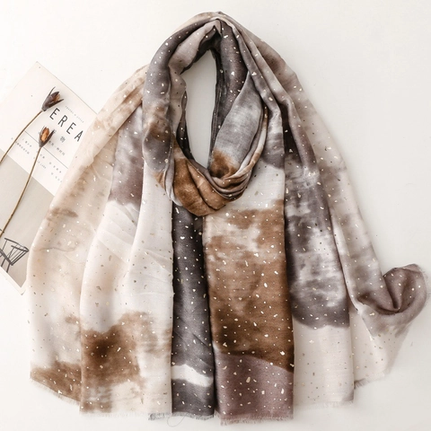Écharpe Châle Femmes Polyester Dégradé Tie-Dye Dorure Points Feuille Léger Respirant Bordure Franges Accessoire Mode