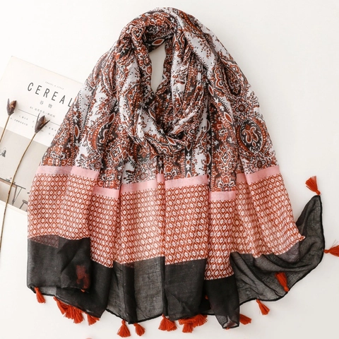 Châle Femme Bohème Imprimé Paisley Écharpe Légère Voile De Polyester Protection Solaire Vacances À La Plage Avec Glands