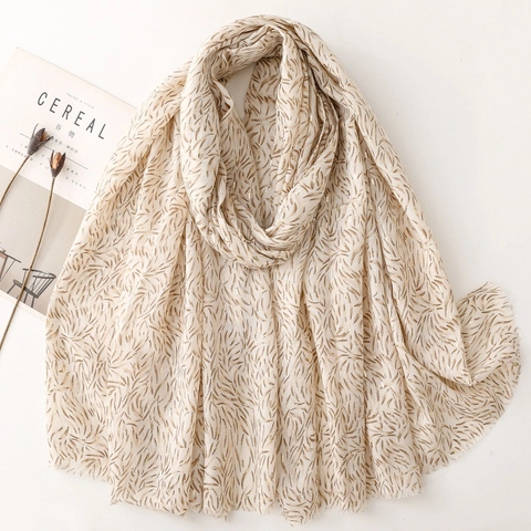Elegant Polyester Scarf With Gold Foil Leaf Print Soft Long Shawl Wrap For Women Fringed Raw Edge Fashion Versatile