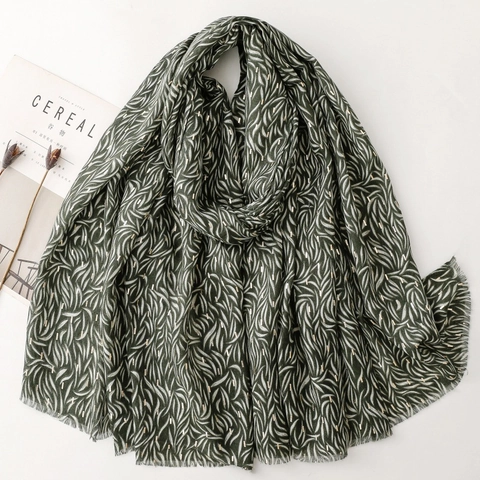 Elegant Polyester Scarf With Gold Foil Leaf Print Soft Long Shawl Wrap For Women Fringed Raw Edge Fashion Versatile