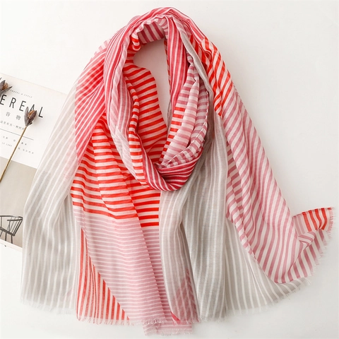 Retro Ethnic Style Stripe Scarf Shawl Polyester Voile Fringe Tassel Edge Sun Protection Lightweight For Women