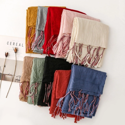 Women Scarf Shawl Cotton Linen Feel Crinkle Texture Colored Tassels Oversized Solid Color Retro Literary Beach Vacation Wrap