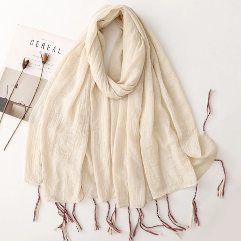 Women Scarf Shawl Cotton Linen Feel Crinkle Texture Colored Tassels Oversized Solid Color Retro Literary Beach Vacation Wrap