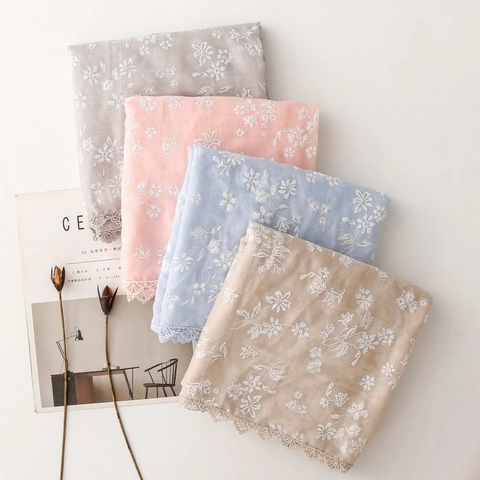 Women Cotton Linen Feel Scarf Embroidered Floral Lace Trim Lightweight Breathable Soft Shawl Accessory