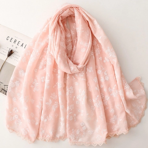 Women Cotton Linen Feel Scarf Embroidered Floral Lace Trim Lightweight Breathable Soft Shawl Accessory