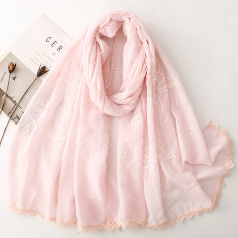 Elegant Women Scarf Shawl Polyester Cotton Linen Feel White Floral Embroidery Lace Edge Trim Soft Sun Protection Long Wrap
