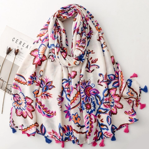 Écharpe Châle À Imprimé Floral Bohème Polyester Souple Avec Glands Style Ethnique Protection Solaire Légère Pour Femmes