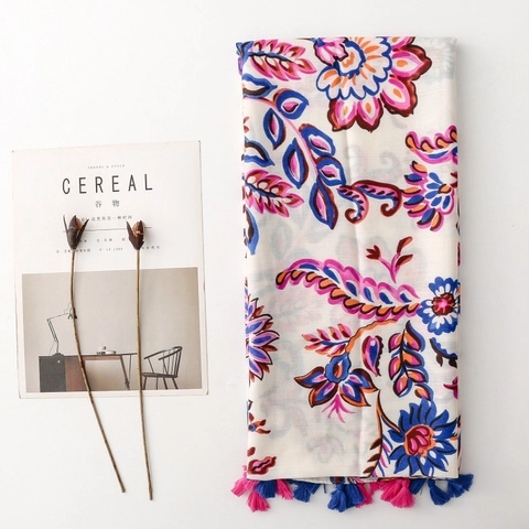 Écharpe Châle À Imprimé Floral Bohème Polyester Souple Avec Glands Style Ethnique Protection Solaire Légère Pour Femmes