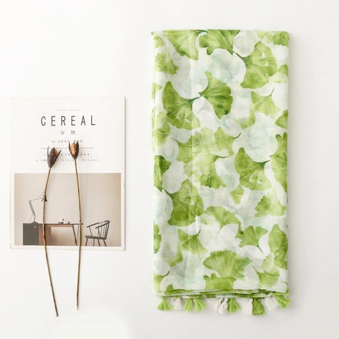 Écharpe Châle Pour Femmes Polyester Voile Imprimé Feuilles De Ginkgo Frange À Gland Style Ethnique Bohème Protection Solaire