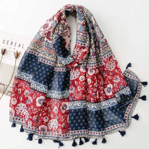 Women Ethnic Style Voile Scarf Floral Geometric Print Large Shawl With Tassel Fringe Sun Protection Travel Wrap