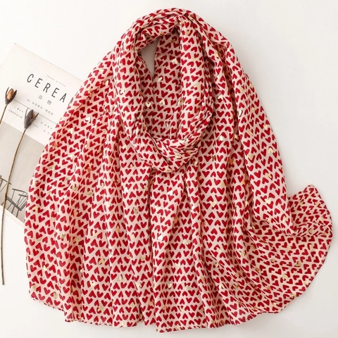 Heart Print Long Scarf Shawl Polyester Satin Gold Foil Stamping Elegant Lightweight Sunscreen Wraps For Women