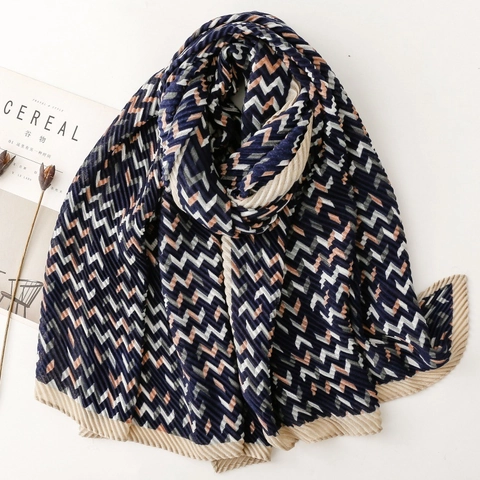 Écharpe Plissée Géométrique Vague Bleu Marine Polyester Châle Mode Femmes Couleur Contrastée Accessoire Hiver Élégant
