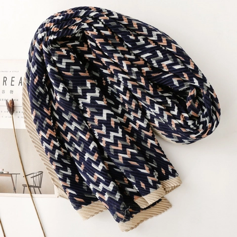 Écharpe Plissée Géométrique Vague Bleu Marine Polyester Châle Mode Femmes Couleur Contrastée Accessoire Hiver Élégant