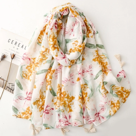 Écharpe Châle À Imprimé Floral Polyester Souple Léger Avec Glands Enveloppement Élégant De Protection Solaire Pour Femmes