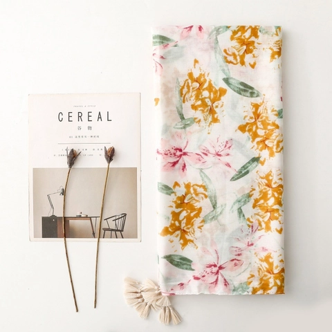 Écharpe Châle À Imprimé Floral Polyester Souple Léger Avec Glands Enveloppement Élégant De Protection Solaire Pour Femmes