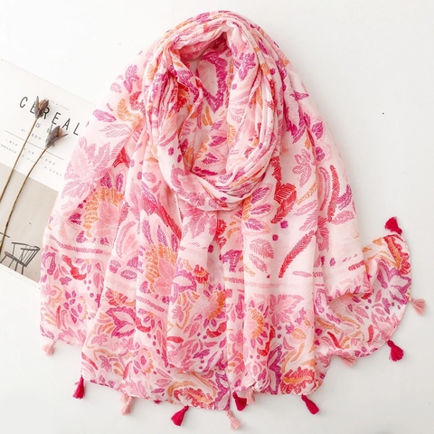 Floral Print Shawl Scarf Lightweight Tassels Sunscreen Ethnic Style Travel Wrap Polyester Cotton For Women