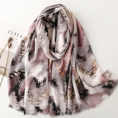 Elegant Women Scarf Shawl Abstract Ink Art Print Gold Foil Lightweight Polyester Satin Cotton Sun Protection Wrap