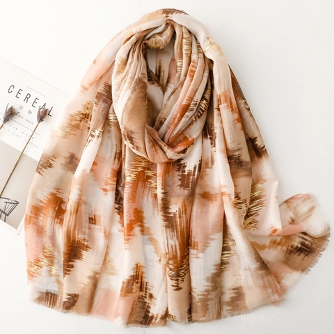 Elegant Women Scarf Shawl Abstract Ink Art Print Gold Foil Lightweight Polyester Satin Cotton Sun Protection Wrap