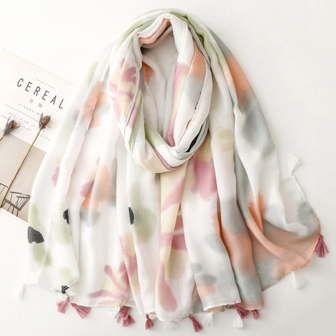 Abstract Floral Print Scarf Shawl Soft Cotton Linen Feel Polyester With Tassel Elegant Retro Breathable Wrap For Women