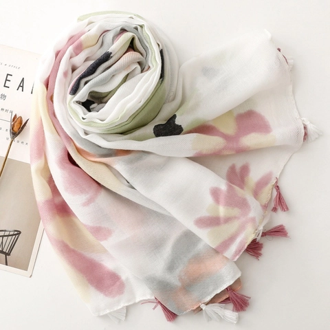 Abstract Floral Print Scarf Shawl Soft Cotton Linen Feel Polyester With Tassel Elegant Retro Breathable Wrap For Women