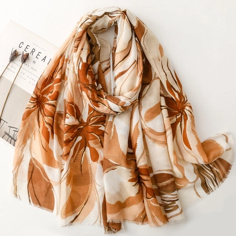 Women Lightweight Satin Scarf Gold Foil Orchid Floral Print Shawl Soft Fringed Travel Wrap Sunscreen Fashion Pashmina