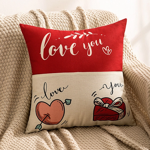 Cotton Linen Decorative Pillowcase With Storage Pocket Patchwork Color Love Heart Print Cushion Cover Sofa Decor