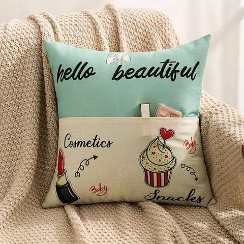 Cotton Linen Decorative Pillowcase With Storage Pocket Patchwork Color Love Heart Print Cushion Cover Sofa Decor