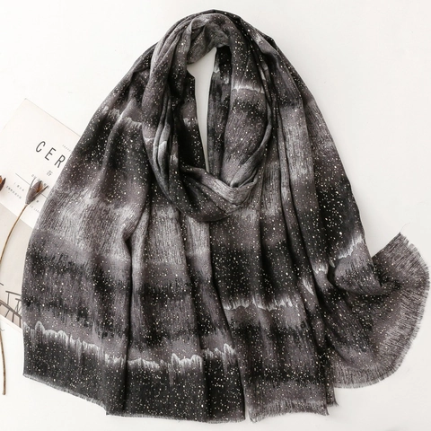 Women Long Shawl Scarf Gradient Gold Stamping Starry Cloud Print Polyester Cotton Linen Feel Fashion Raw Edge Elegant Wrap