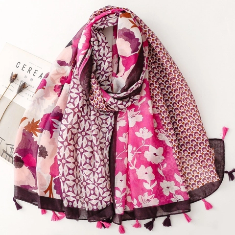 Écharpe Châle Bohème Ethnique Floral Patchwork Femme Glands Vacances Plage Protection Solaire Polyester Voile