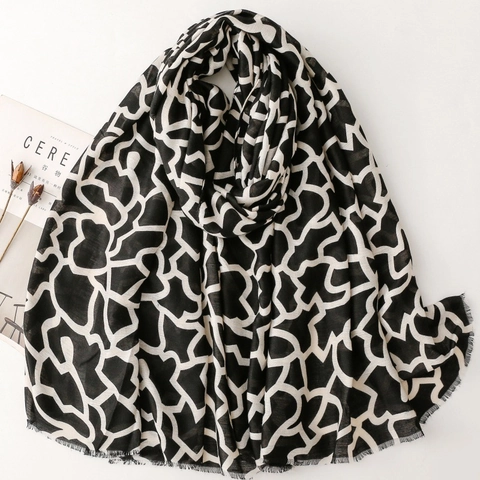 Long Scarf Shawl For Women Elegant Geometric Print Soft Polyester Cotton Linen Feel Lightweight Tassel Fringe Fashion Wrap