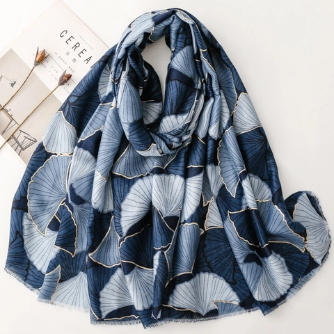Écharpe Imprimé Feuilles Ginkgo Élégante Bronzage Doré Satin Polyester Châle Doux Léger Enveloppement Femmes