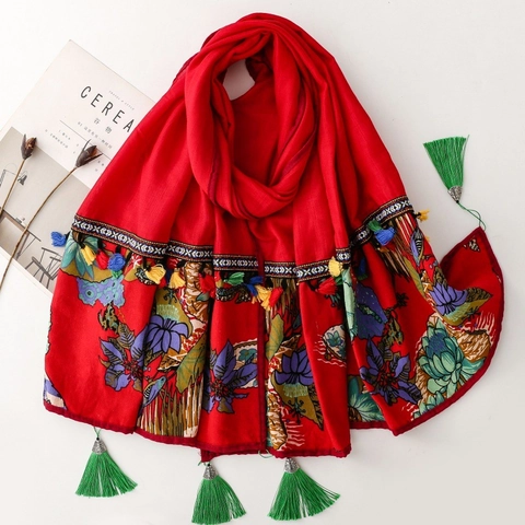 Women Ethnic Style Scarf Shawl Vintage Floral Embroidery Fringe Tassels Polyester Wrap Vacation Beach Photo Prop