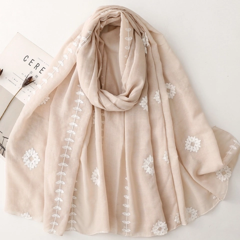 Women Ethnic Style Embroidered Floral Scarf Lightweight Voile Polyester Pashmina Shawl For Summer Travel Beach Sunshade