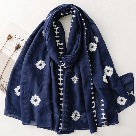 Women Ethnic Style Embroidered Floral Scarf Lightweight Voile Polyester Pashmina Shawl For Summer Travel Beach Sunshade