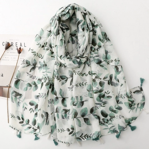 Écharpe Châle Imprimé Feuilles Eucalyptus Polyester Léger Longue Enveloppe À Franges Style Mori Accessoire Élégant