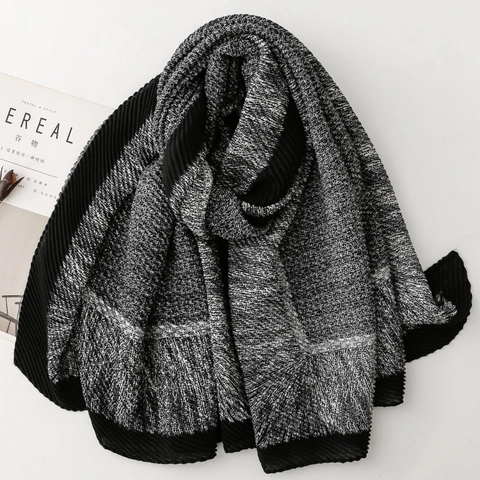 Elegant Women Pleated Scarf Polyester Linen Feel Long Shawl Retro Contrast Grid Warm Soft Wrap For Autumn Winter