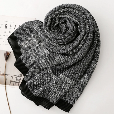 Elegant Women Pleated Scarf Polyester Linen Feel Long Shawl Retro Contrast Grid Warm Soft Wrap For Autumn Winter