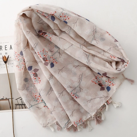 Écharpe Longue Pour Femmes Châle Imprimé Baies Florales Voile De Polyester Respirant Avec Glands Style Forêt Élégant