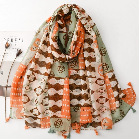 Écharpe Longue Châle Imprimé Patchwork Géométrique Bohème Voile Polyester Avec Glands Style Ethnique Vintage Pour Femmes
