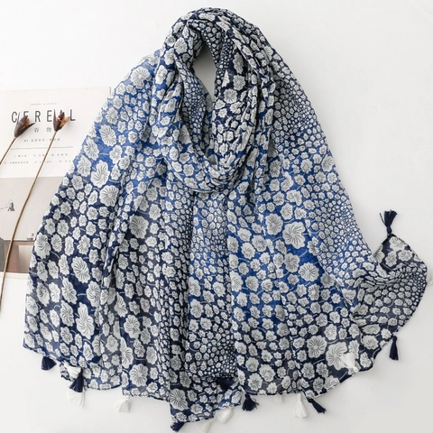 Écharpe En Voile De Polyester À Imprimé Fleuri Avec Glands Style Porcelaine Bleue Et Blanche Châle Doux Pour Femmes