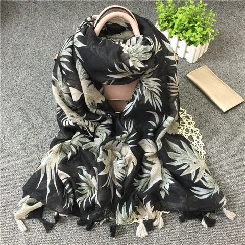 Vintage Banana Leaf Print Large Shawl Scarf Cotton Linen Feel Tropical Tassel Beach Wrap Sun Protection For Women