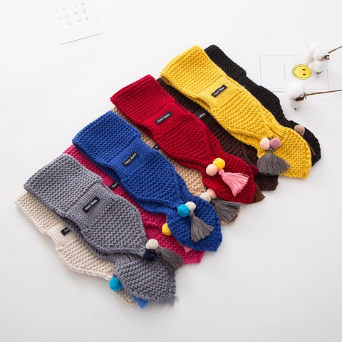 Kids Knitted Wool Scarf With Pom-Poms And Tassels Cross Over Winter Warm Neck Warmer For Boys Girls Solid Color Handmade
