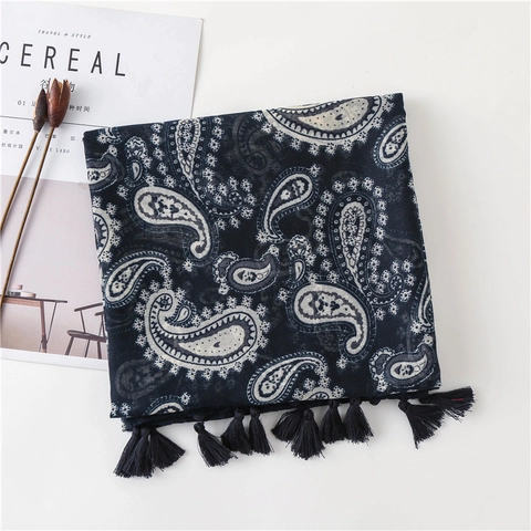 Châle Écharpe À Imprimé Cachemire Voile Polyester Doux Léger Bohème Ethnique Grand Enveloppement Avec Glands Pour Femmes