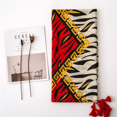 Sciarpa Scialle Stampa Etnica Donna Motivo Zebra Cotone Poliestere Protezione Solare Spiaggia Con Nappe